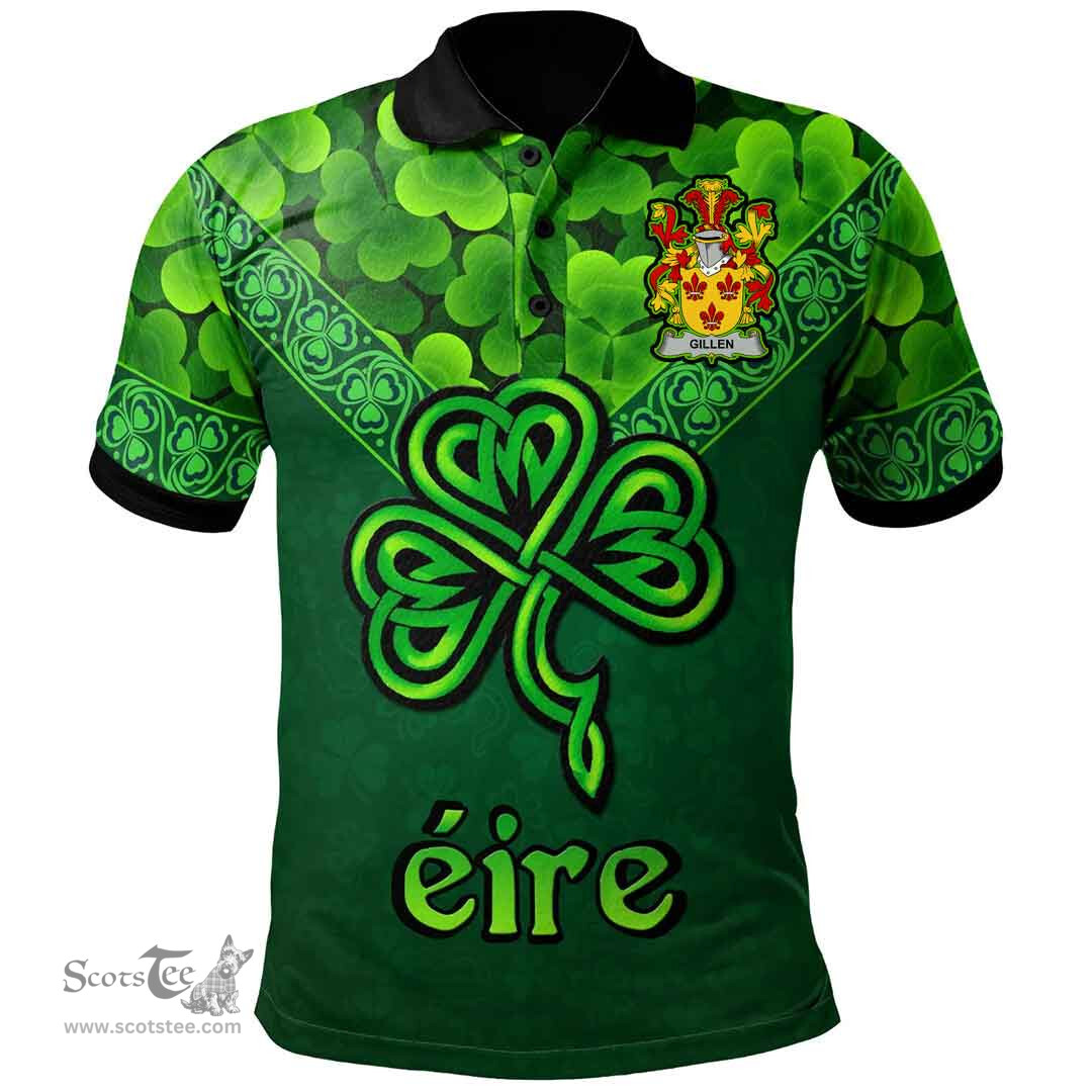 ScotsTee Shop Irish Gillen or O'Gillen Coat of Arms Irish Polo Shirt Ireland Shamrock Triangle Style