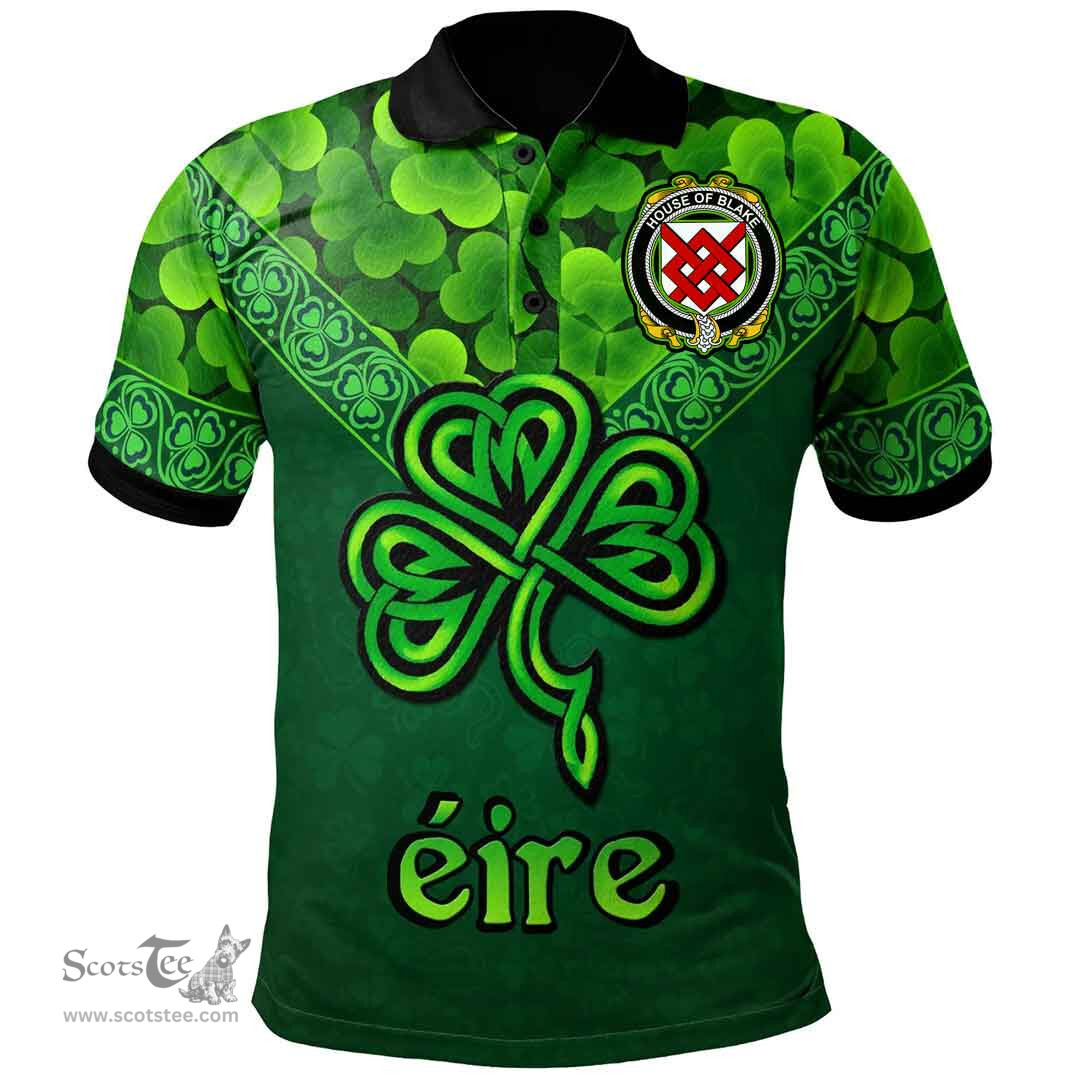 ScotsTee Shop Irish House of BLAKE Coat of Arms Irish Polo Shirt Ireland Shamrock Triangle Style