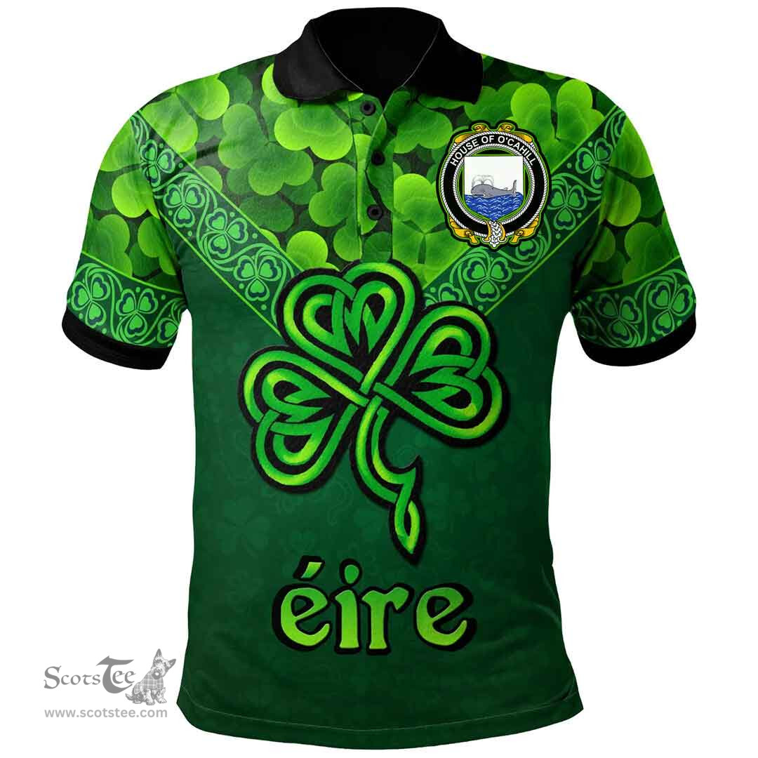 ScotsTee Shop Irish House of O'CAHILL Coat of Arms Irish Polo Shirt Ireland Shamrock Triangle Style