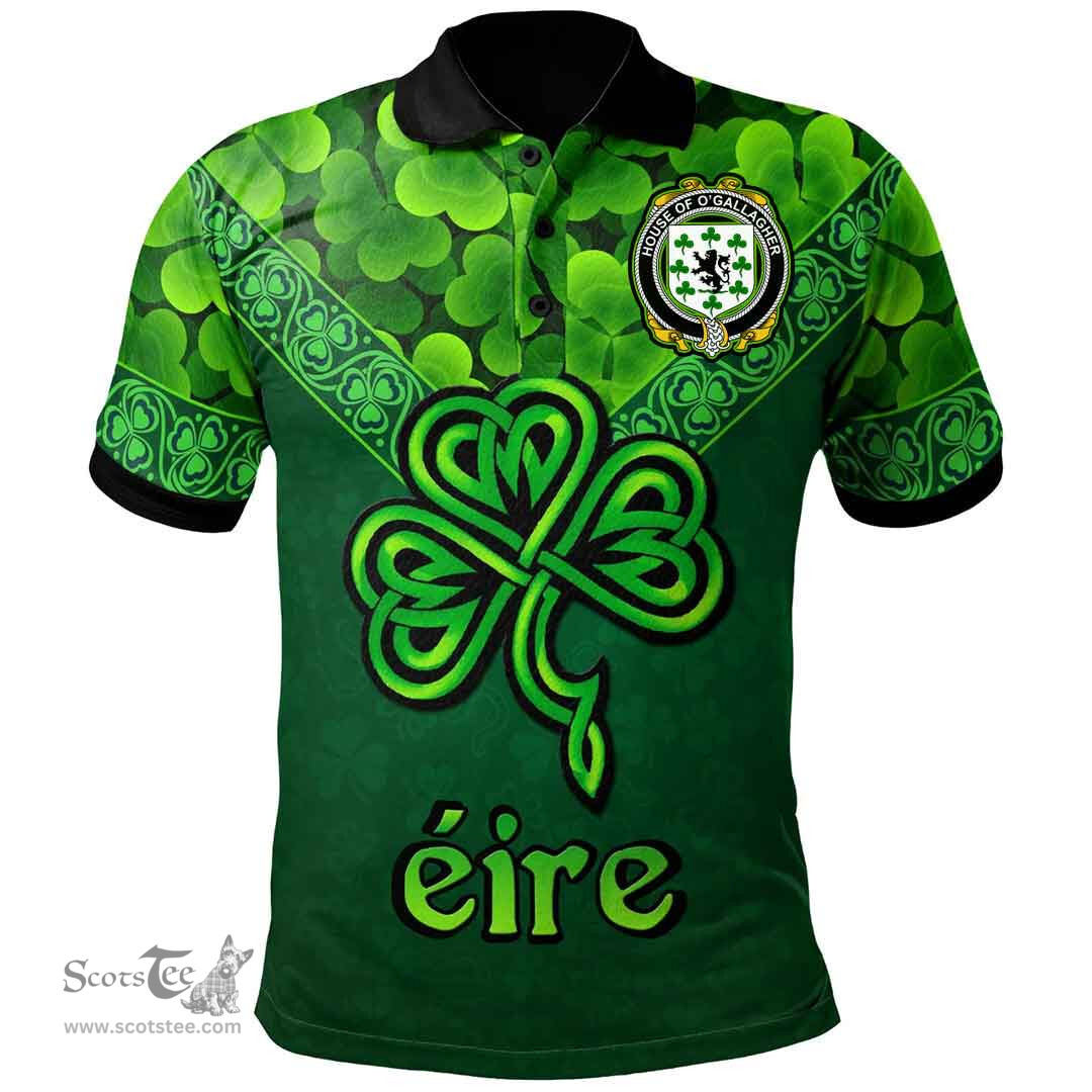 ScotsTee Shop Irish House of O'GALLAGHER Coat of Arms Irish Polo Shirt Ireland Shamrock Triangle Style