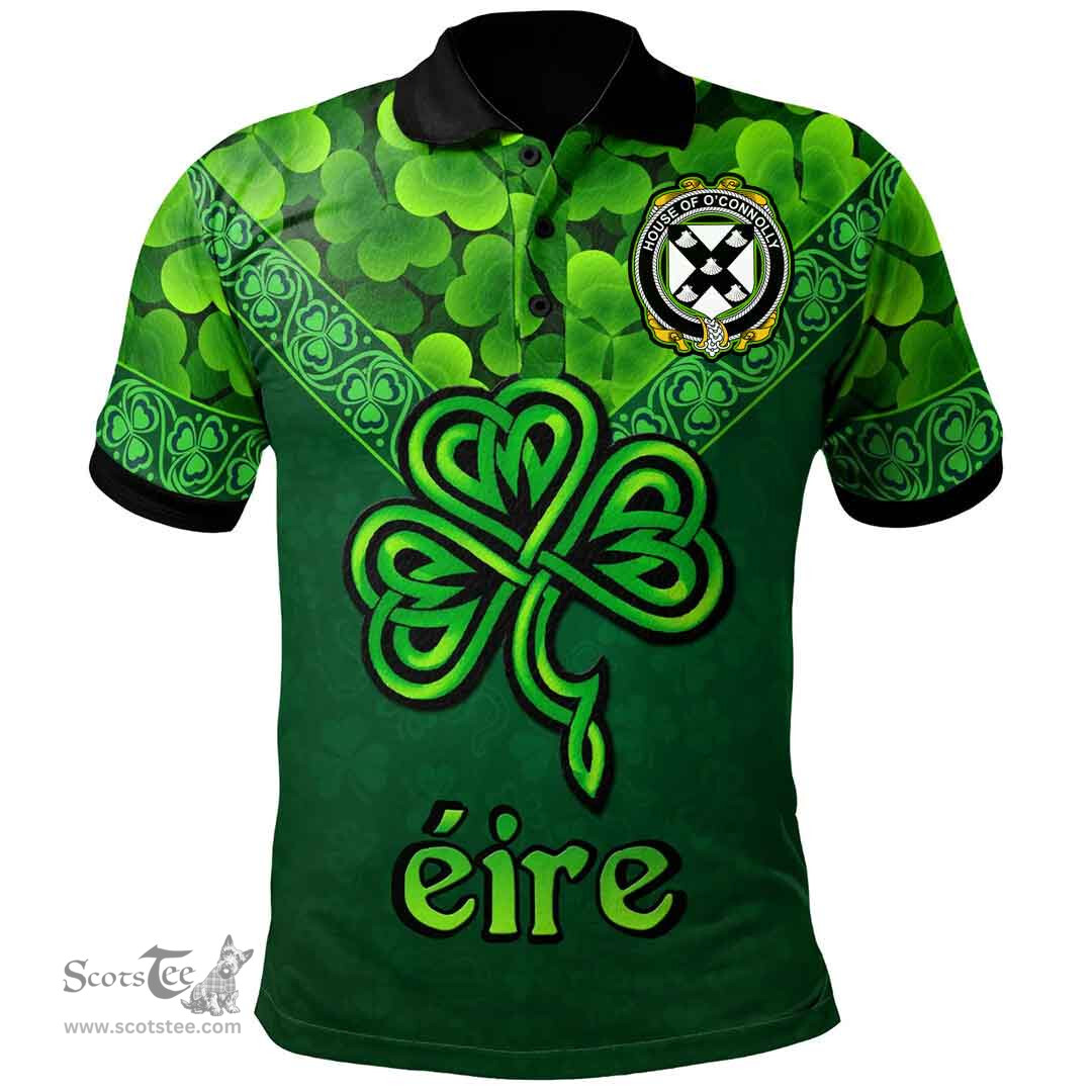 ScotsTee Shop Irish House of O'CONNOLLY Coat of Arms Irish Polo Shirt Ireland Shamrock Triangle Style