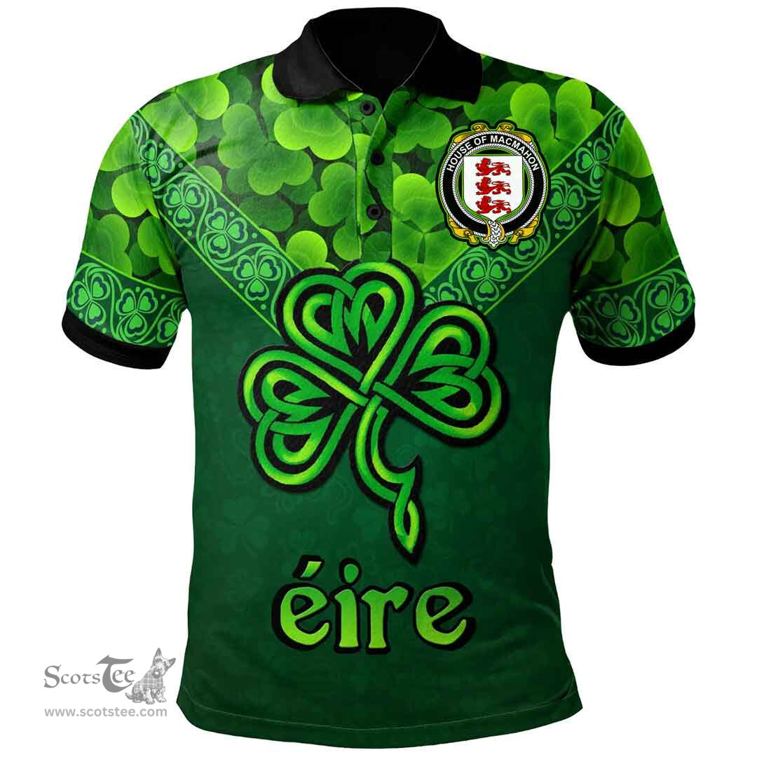 ScotsTee Shop Irish House of MACMAHON (Thomond) Coat of Arms Irish Polo Shirt Ireland Shamrock Triangle Style