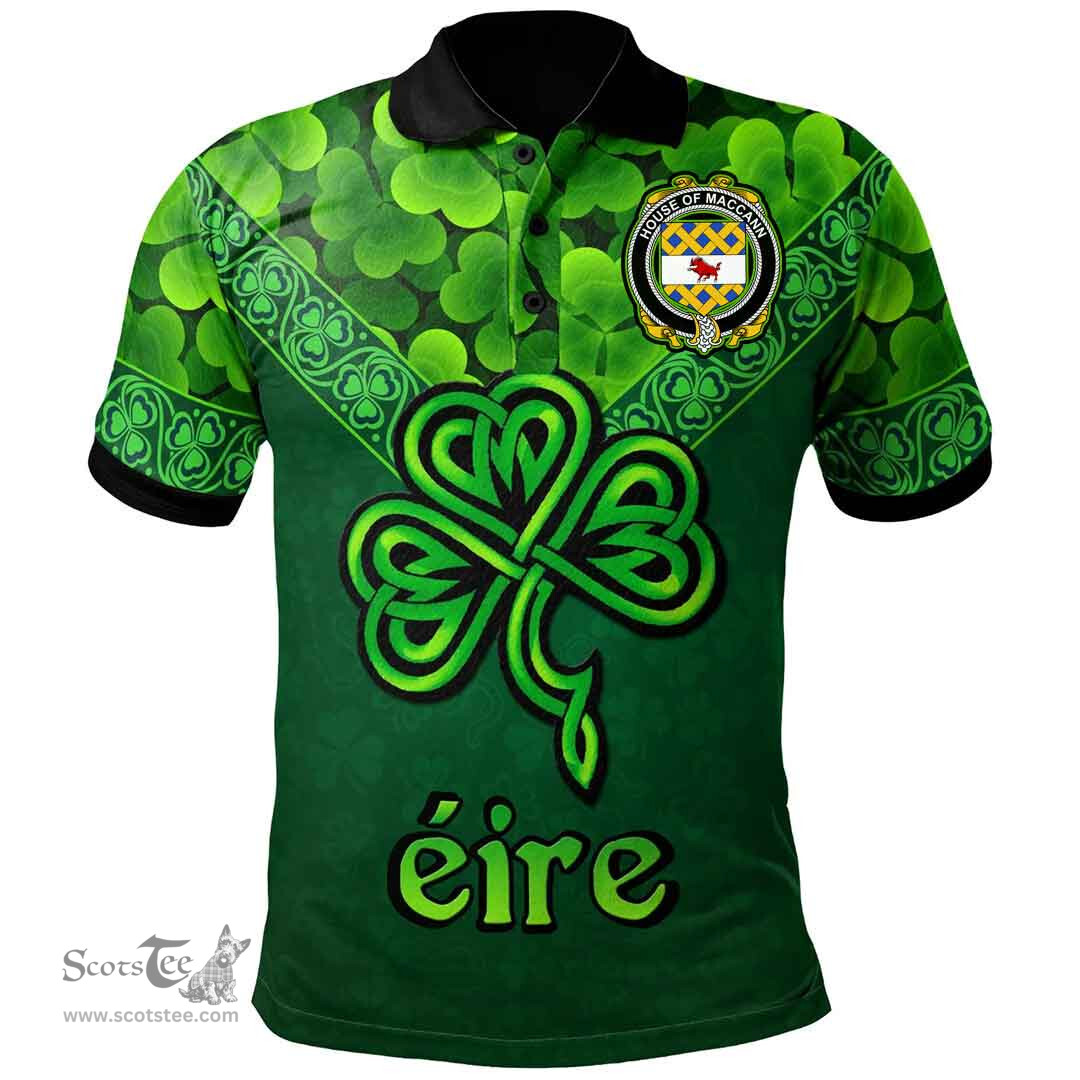 ScotsTee Shop Irish House of MACCANN Coat of Arms Irish Polo Shirt Ireland Shamrock Triangle Style