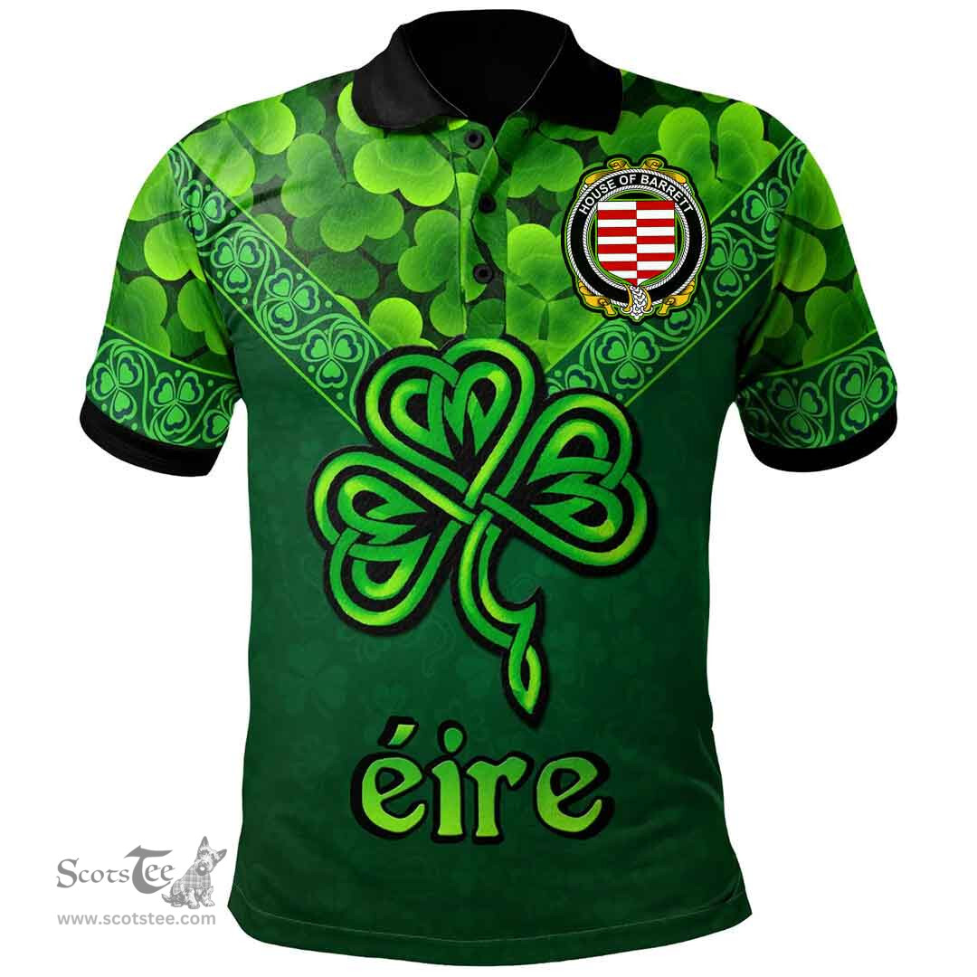 ScotsTee Shop Irish House of BARRETT Coat of Arms Irish Polo Shirt Ireland Shamrock Triangle Style