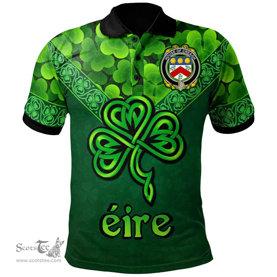 ScotsTee Shop Irish House of CREAGH Coat of Arms Irish Polo Shirt Ireland Shamrock Triangle Style