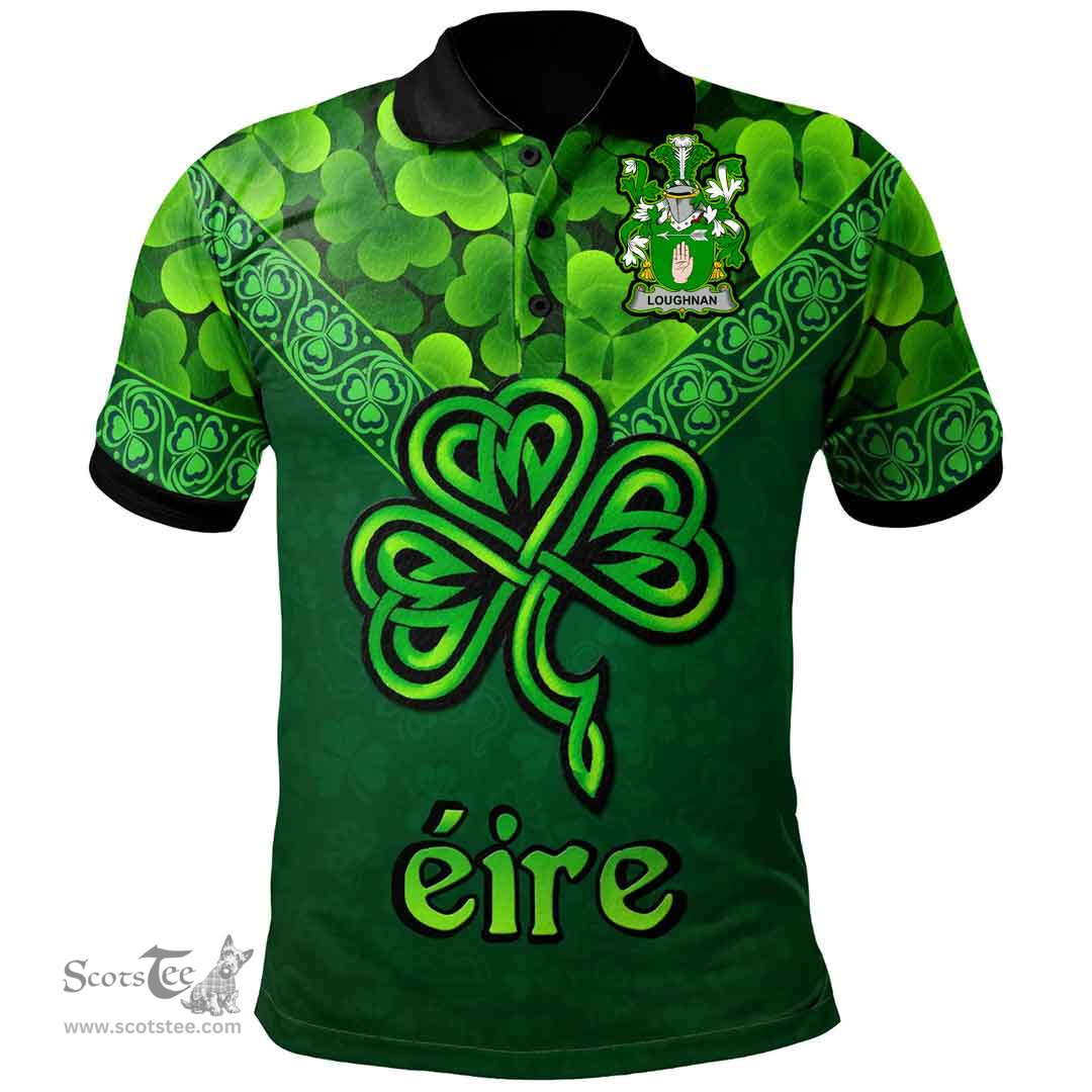 ScotsTee Shop Irish Loughnan or O'Loughnan Coat of Arms Irish Polo Shirt Ireland Shamrock Triangle Style