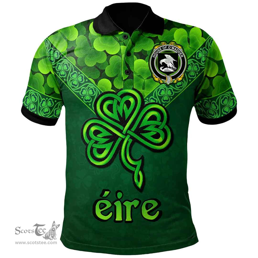 ScotsTee Shop Irish House of O'MADDEN Coat of Arms Irish Polo Shirt Ireland Shamrock Triangle Style