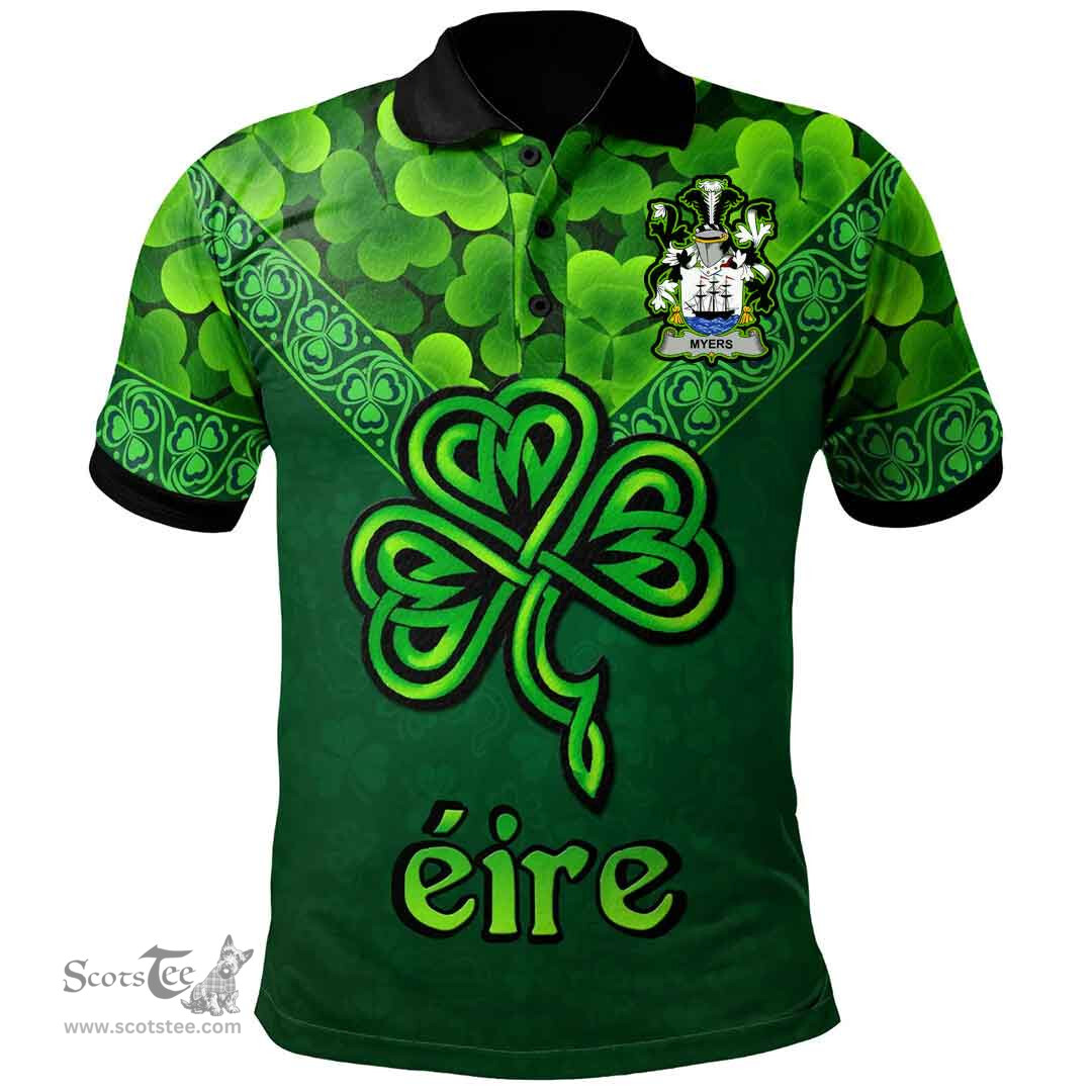 ScotsTee Shop Irish Myers Coat of Arms Irish Polo Shirt Ireland Shamrock Triangle Style