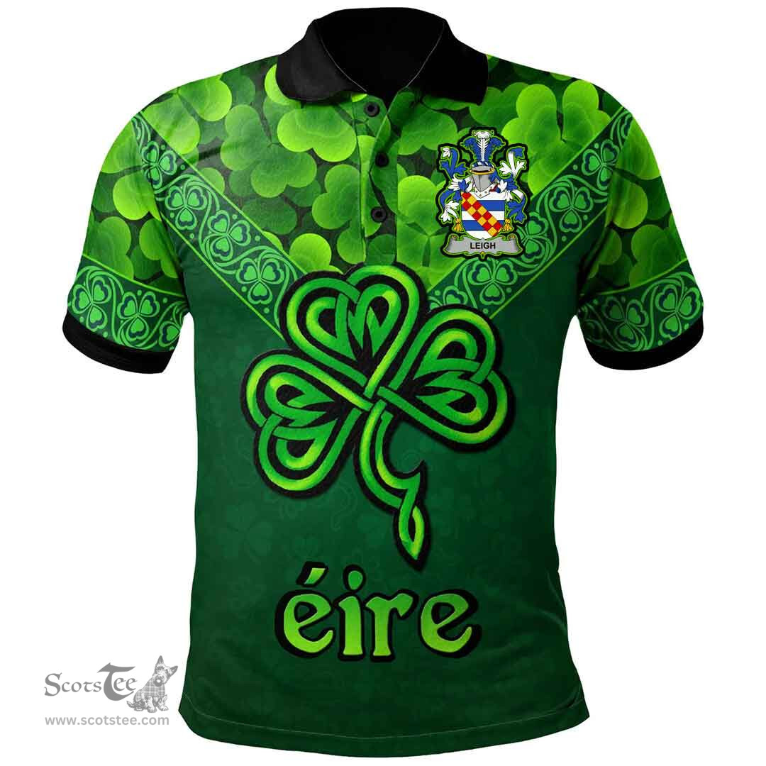 ScotsTee Shop Irish Leigh or McLaeghis Coat of Arms Irish Polo Shirt Ireland Shamrock Triangle Style