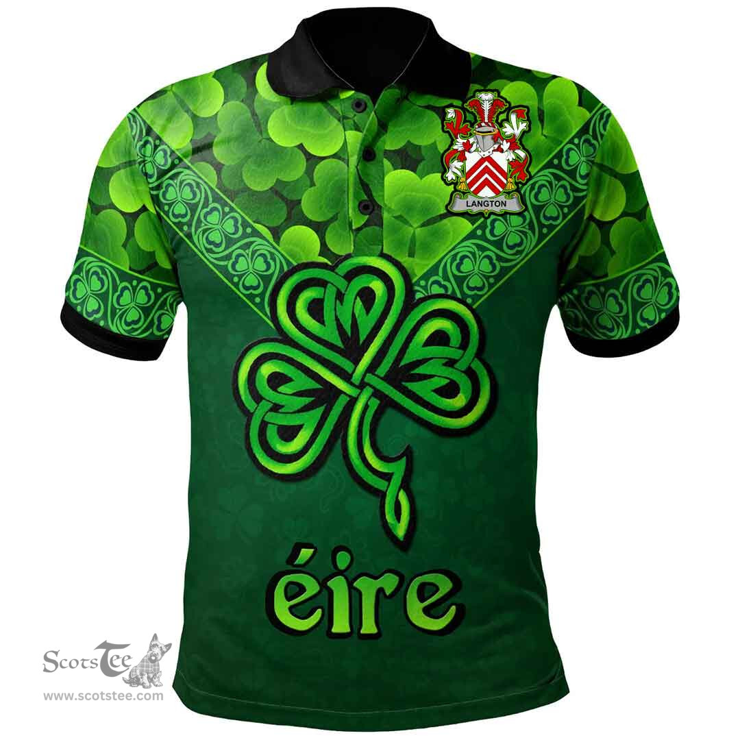 ScotsTee Shop Irish Langton Coat of Arms Irish Polo Shirt Ireland Shamrock Triangle Style