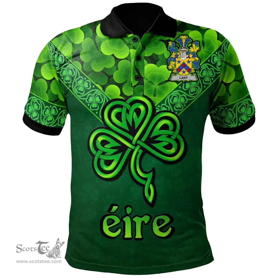 ScotsTee Shop Irish Lany or Laney Coat of Arms Irish Polo Shirt Ireland Shamrock Triangle Style