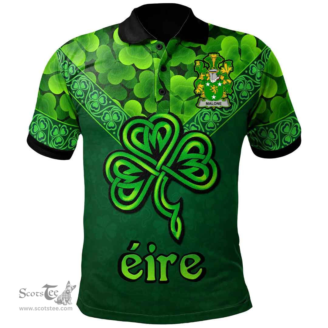 ScotsTee Shop Irish Malone or O'Malone Coat of Arms Irish Polo Shirt Ireland Shamrock Triangle Style