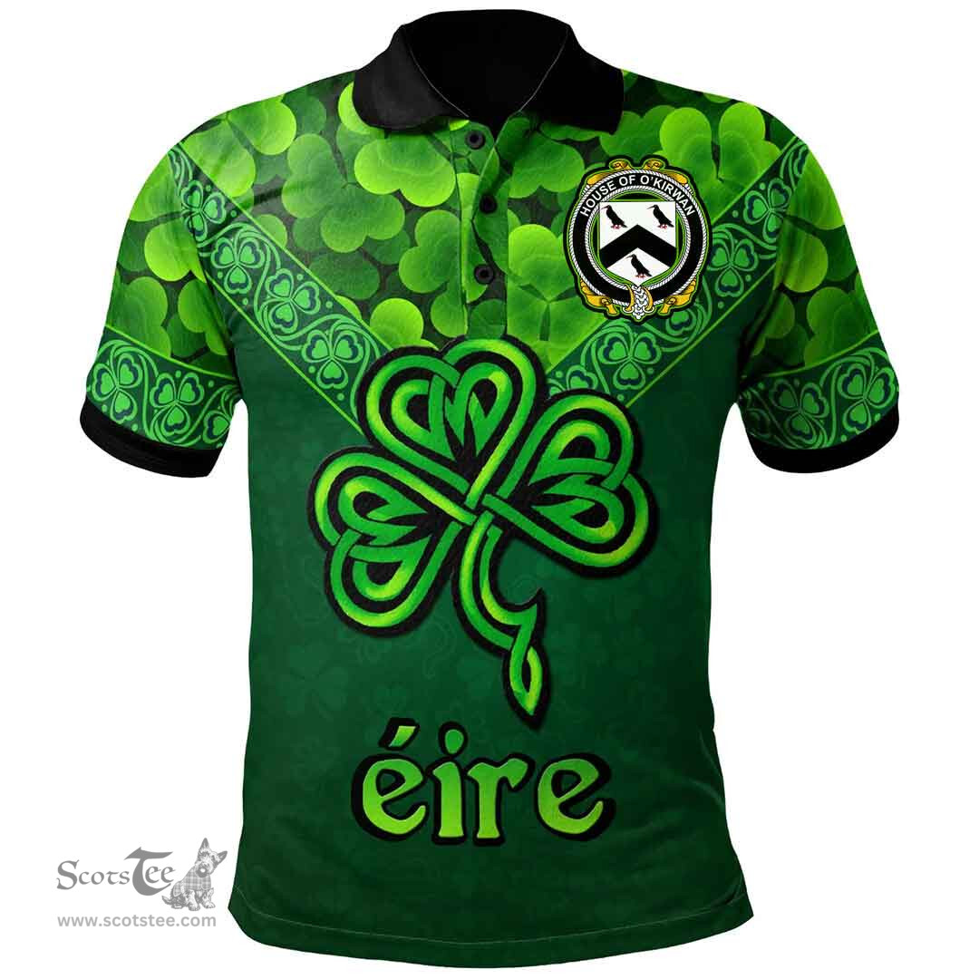 ScotsTee Shop Irish House of O'KIRWAN Coat of Arms Irish Polo Shirt Ireland Shamrock Triangle Style