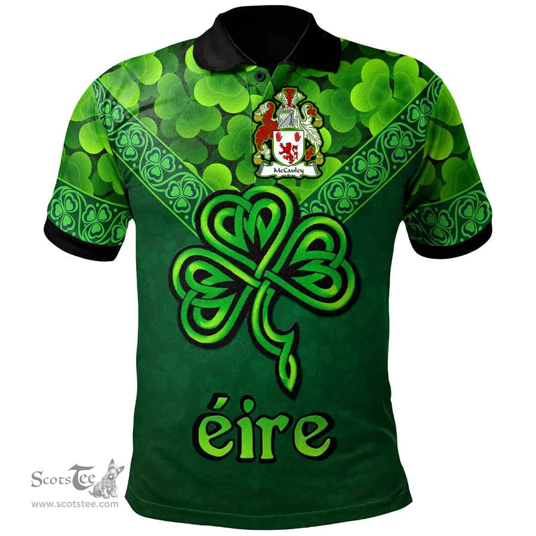 ScotsTee Shop Irish McCauley Coat of Arms Irish Polo Shirt Ireland Shamrock Triangle Style