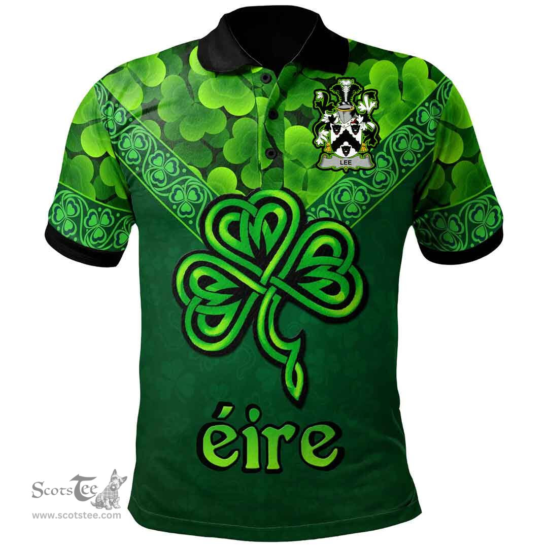 ScotsTee Shop Irish Lee or O'Lee Coat of Arms Irish Polo Shirt Ireland Shamrock Triangle Style