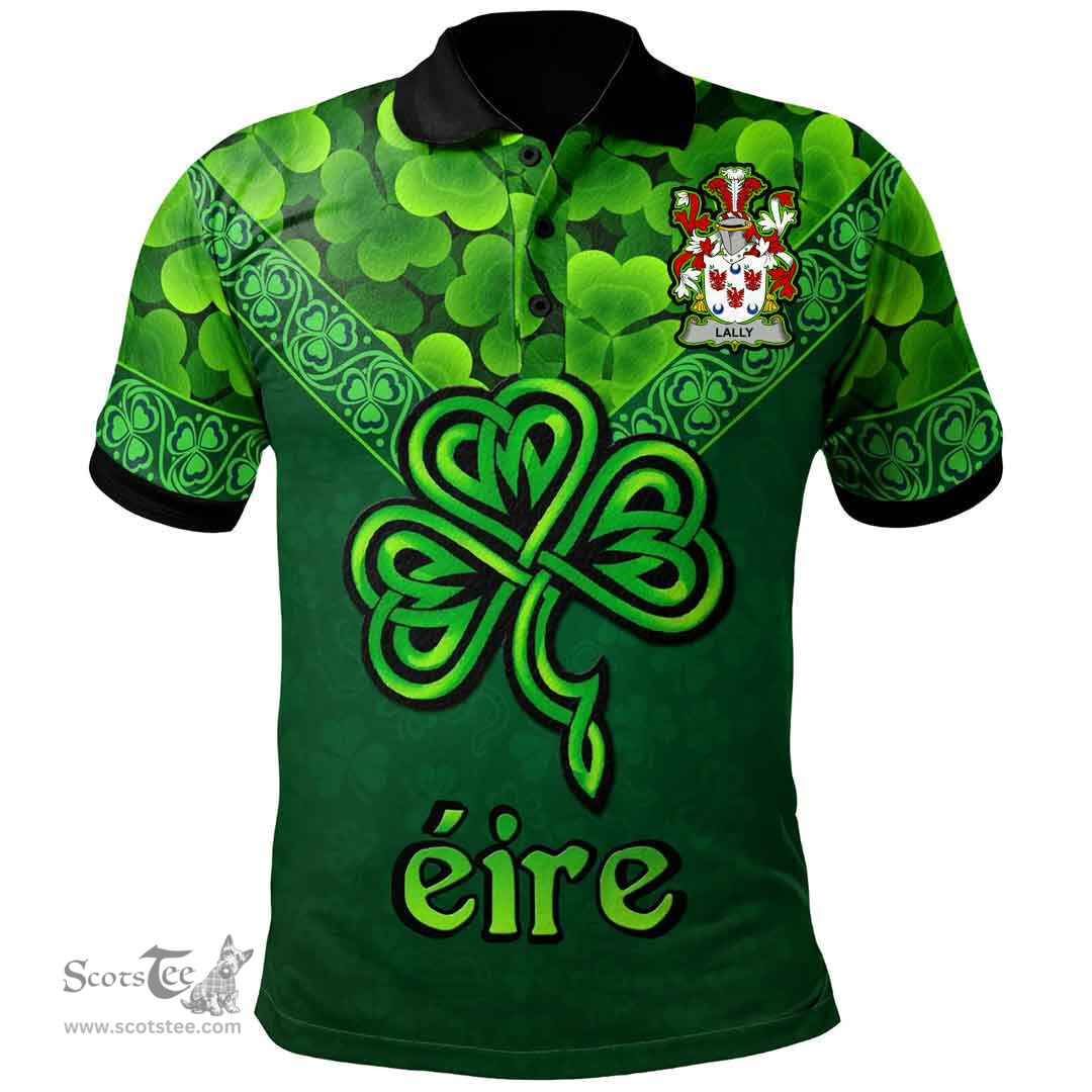 ScotsTee Shop Irish Lally or O'Mullally Coat of Arms Irish Polo Shirt Ireland Shamrock Triangle Style