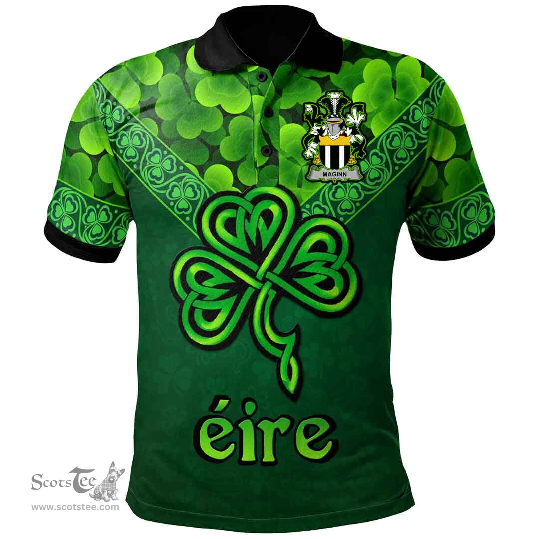 ScotsTee Shop Irish Maginn or Ginn Coat of Arms Irish Polo Shirt Ireland Shamrock Triangle Style