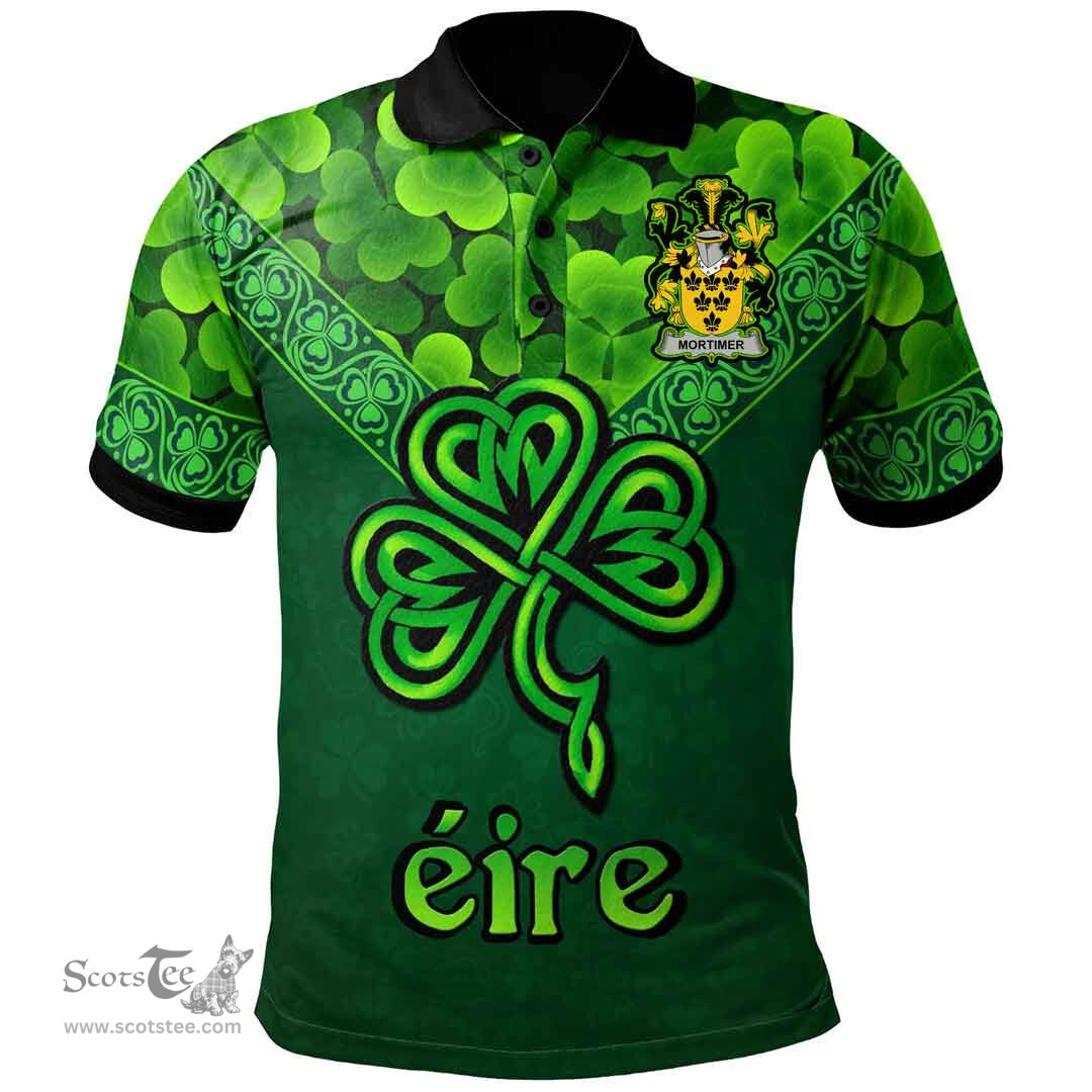 ScotsTee Shop Irish Mortimer Coat of Arms Irish Polo Shirt Ireland Shamrock Triangle Style