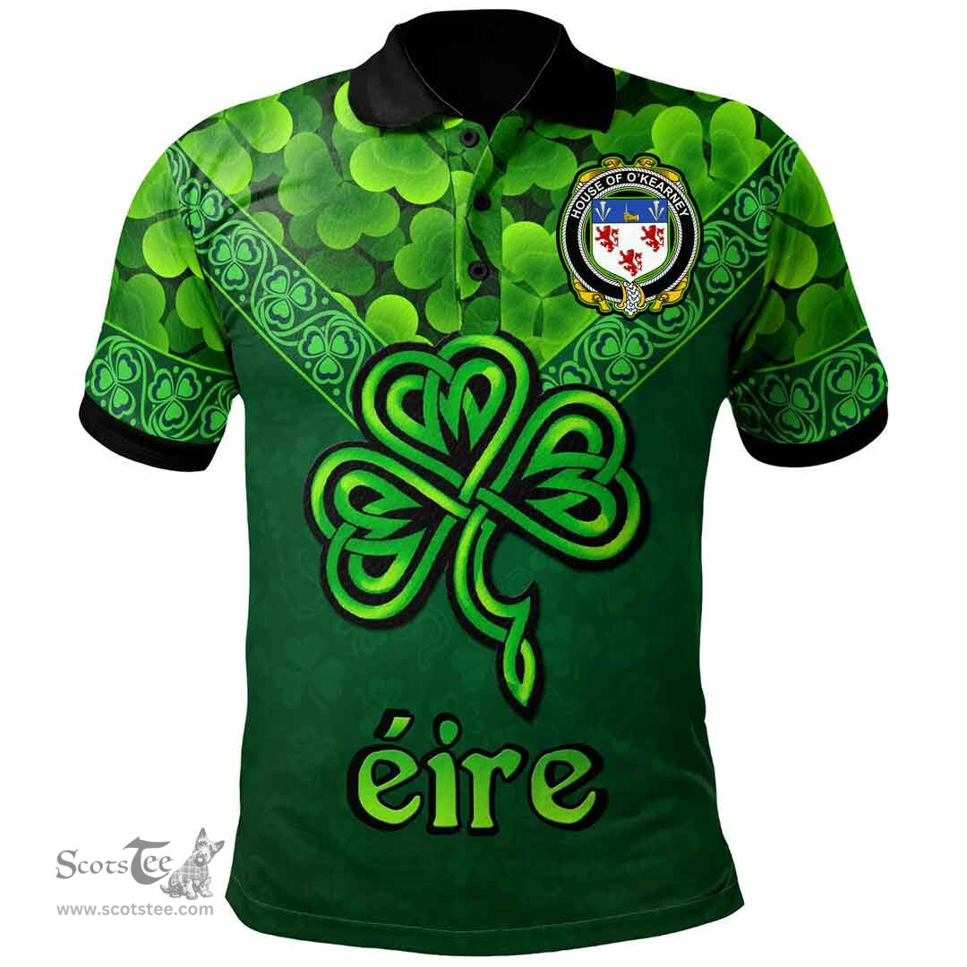 ScotsTee Shop Irish House of O'KEARNEY Coat of Arms Irish Polo Shirt Ireland Shamrock Triangle Style