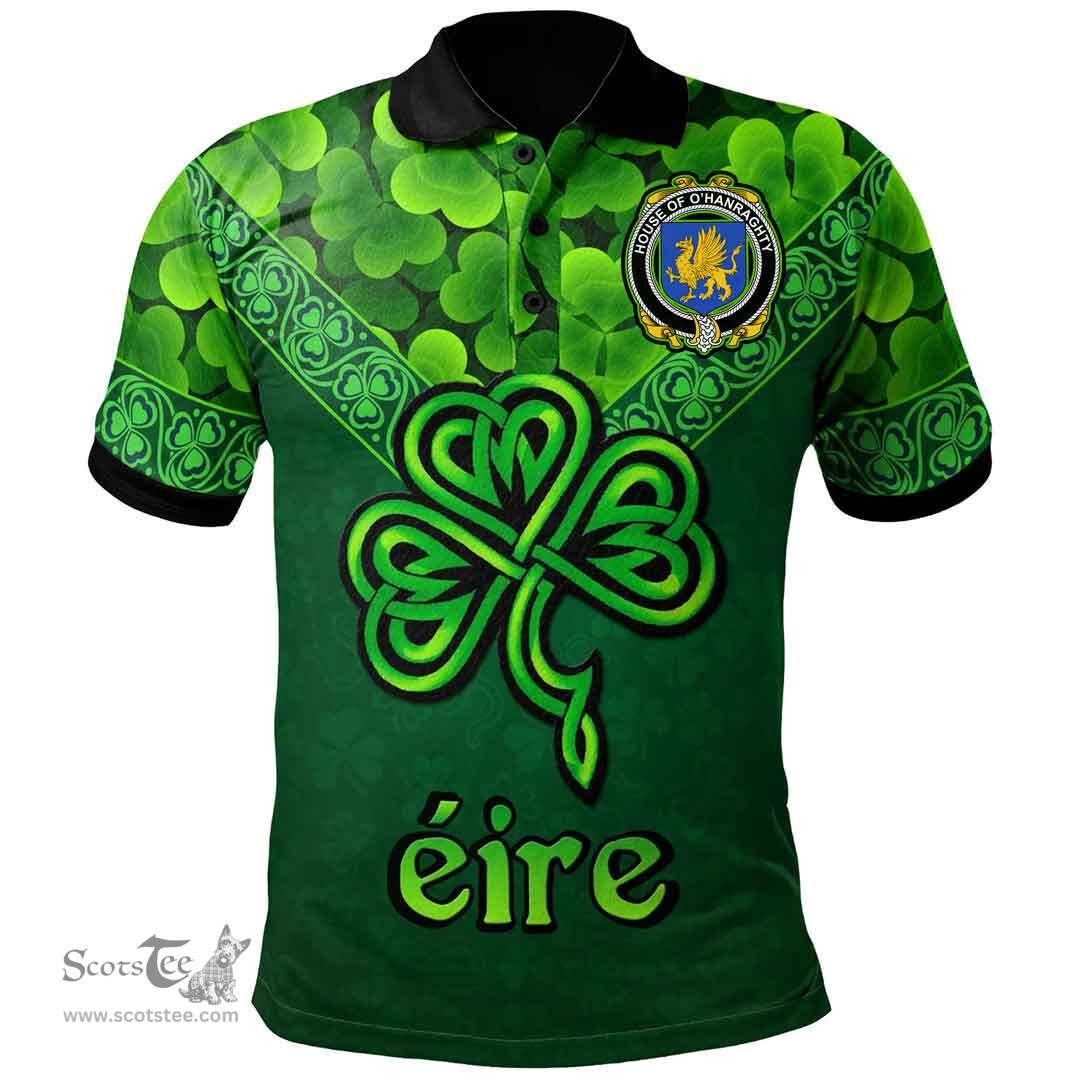 ScotsTee Shop Irish House of O'HANRAGHTY Coat of Arms Irish Polo Shirt Ireland Shamrock Triangle Style
