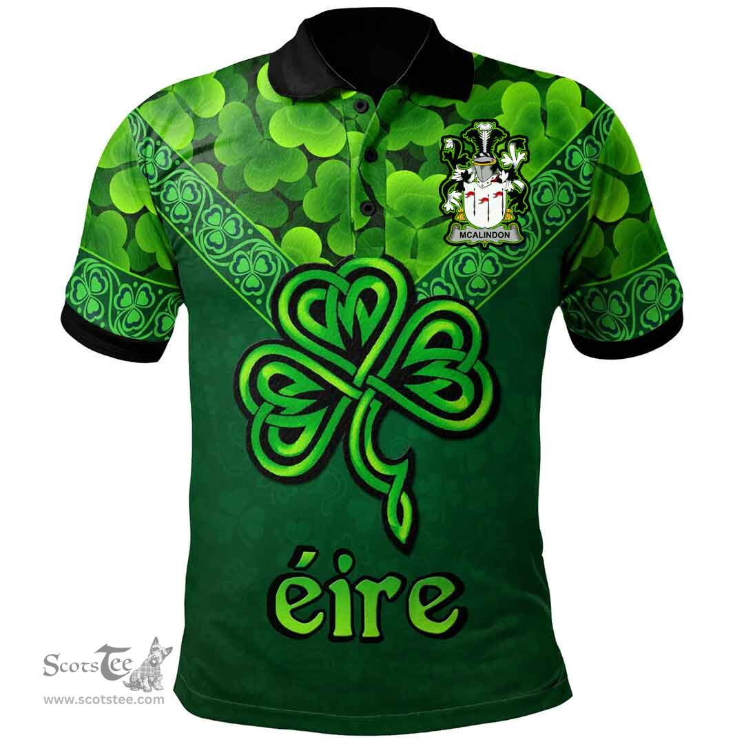 ScotsTee Shop Irish McAlindon or McAlindem Coat of Arms Irish Polo Shirt Ireland Shamrock Triangle Style