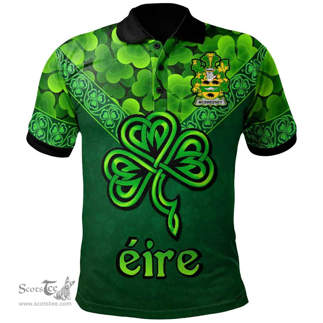 ScotsTee Shop Irish McSweeney Coat of Arms Irish Polo Shirt Ireland Shamrock Triangle Style