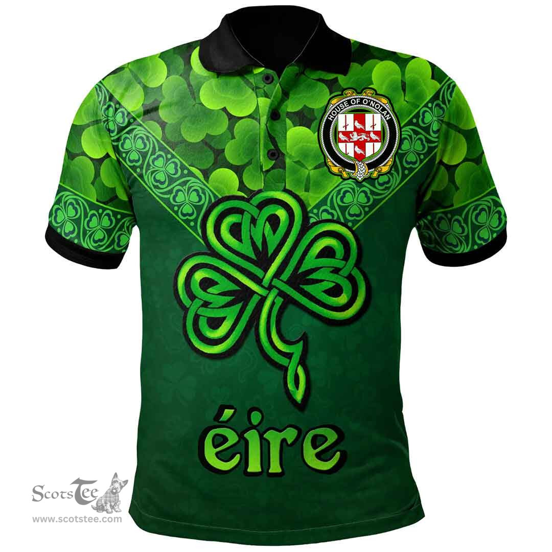 ScotsTee Shop Irish House of O'NOLAN Coat of Arms Irish Polo Shirt Ireland Shamrock Triangle Style