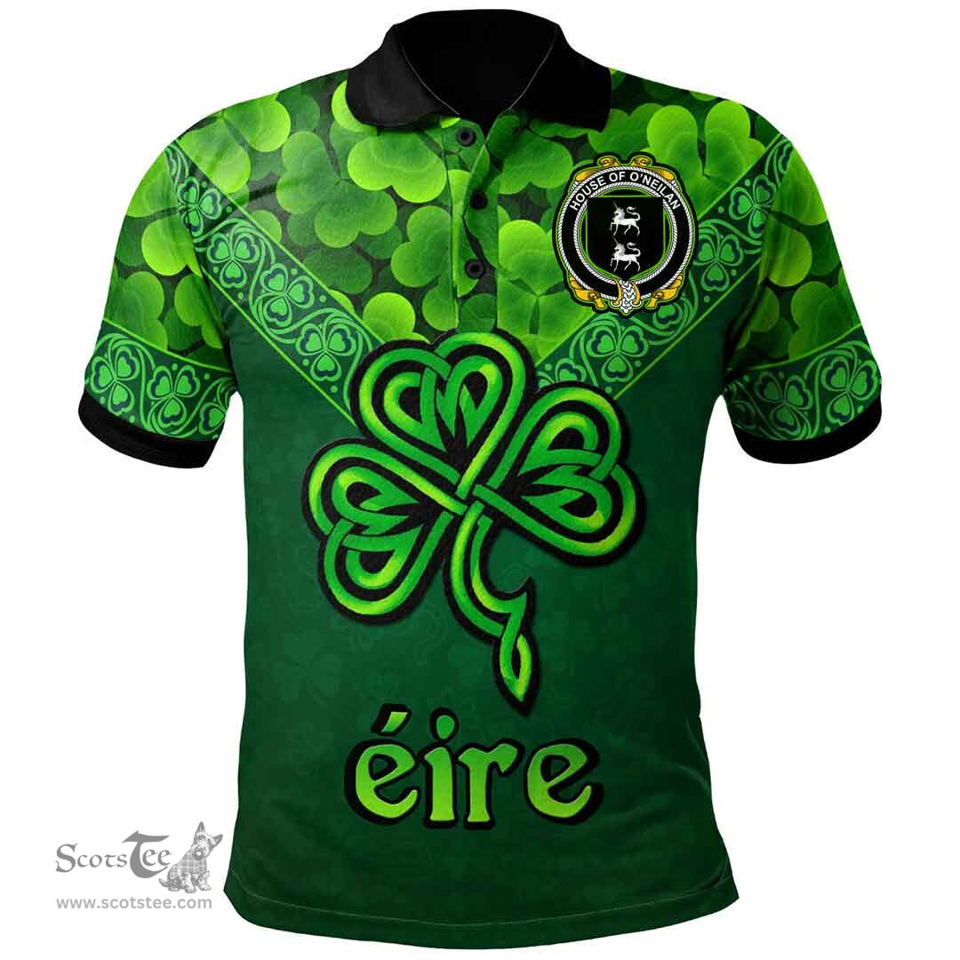 ScotsTee Shop Irish House of O'NEILAN Coat of Arms Irish Polo Shirt Ireland Shamrock Triangle Style