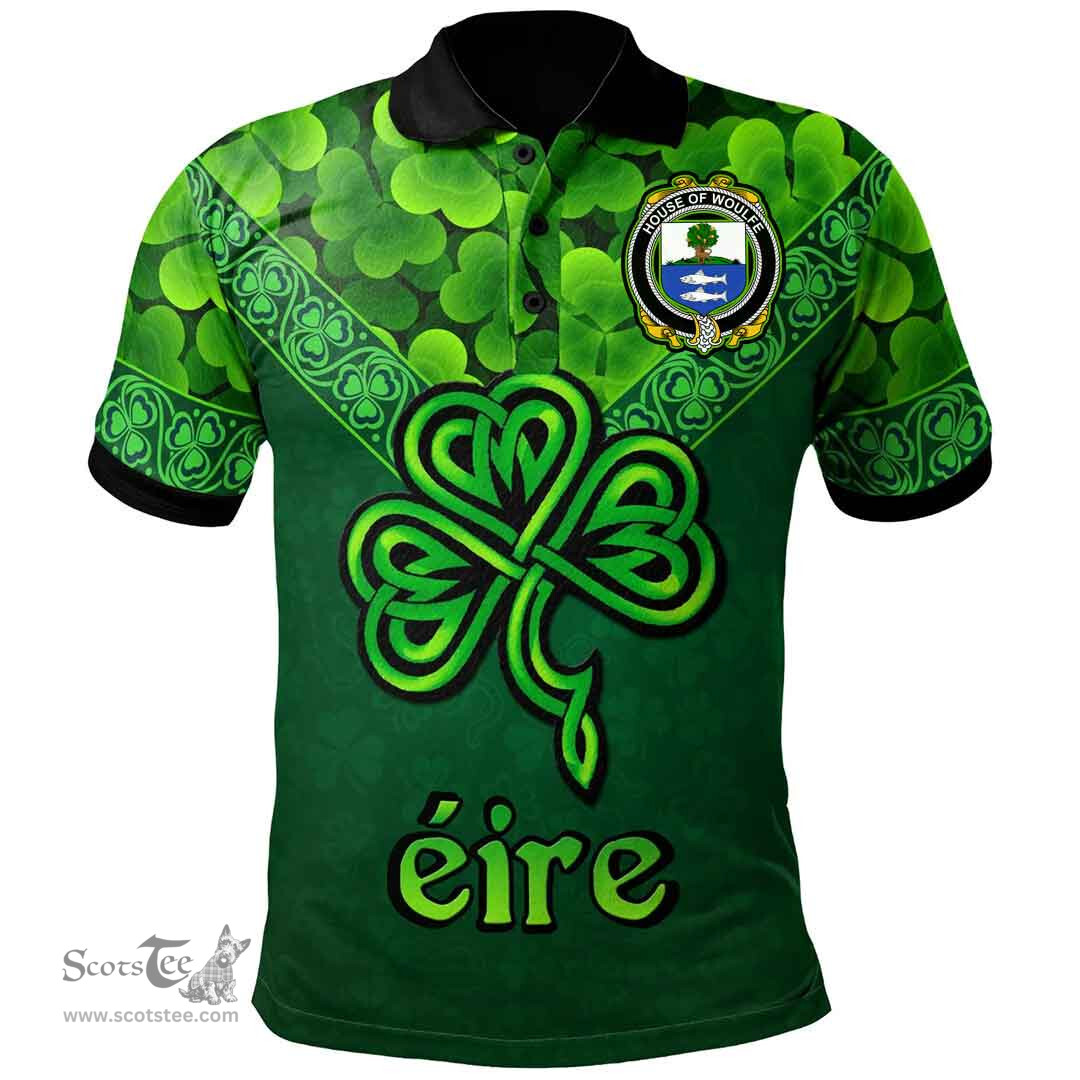 ScotsTee Shop Irish House of WOULFE Coat of Arms Irish Polo Shirt Ireland Shamrock Triangle Style