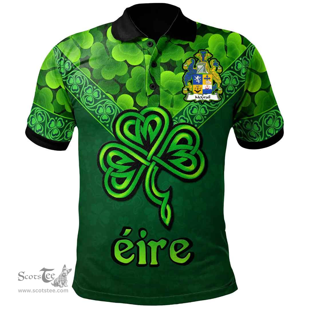 ScotsTee Shop Irish McGrail Coat of Arms Irish Polo Shirt Ireland Shamrock Triangle Style
