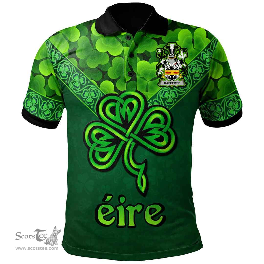 ScotsTee Shop Irish Rafferty or O'Rafferty Coat of Arms Irish Polo Shirt Ireland Shamrock Triangle Style