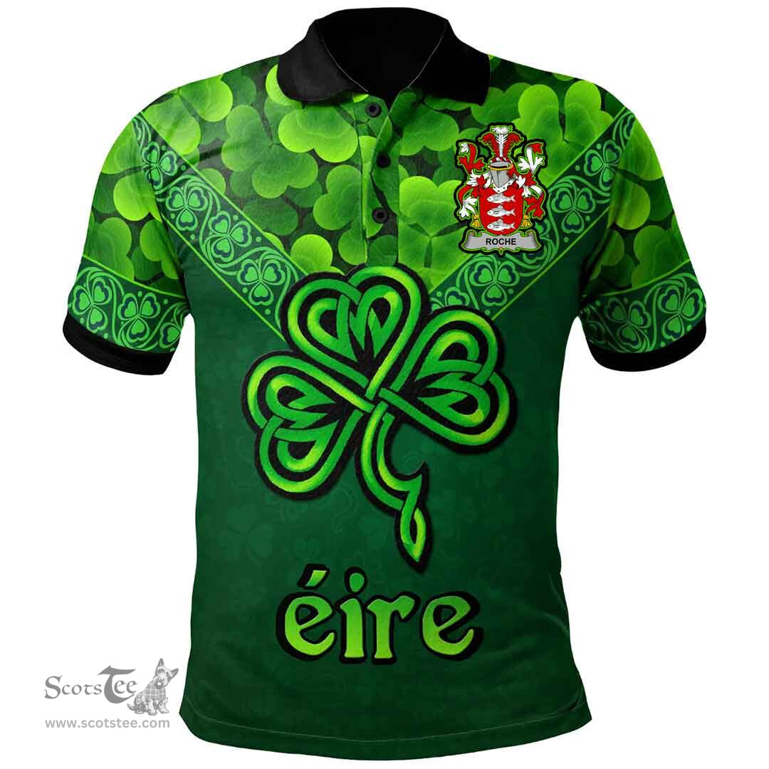 ScotsTee Shop Irish Roche Coat of Arms Irish Polo Shirt Ireland Shamrock Triangle Style