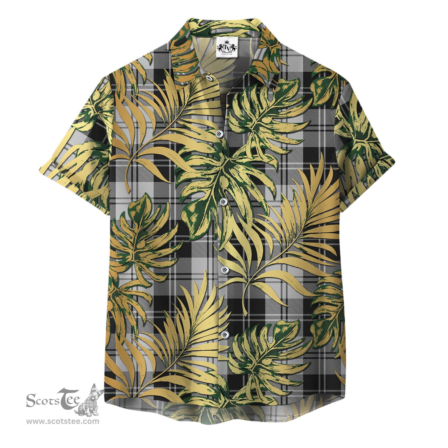ScotsTee Shop Scottish Erskine Black and White Clan Tartan Vintage Leaves Hawaiian Shirt