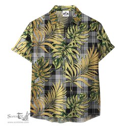 ScotsTee Shop Scottish Erskine Black and White Clan Tartan Vintage Leaves Hawaiian Shirt