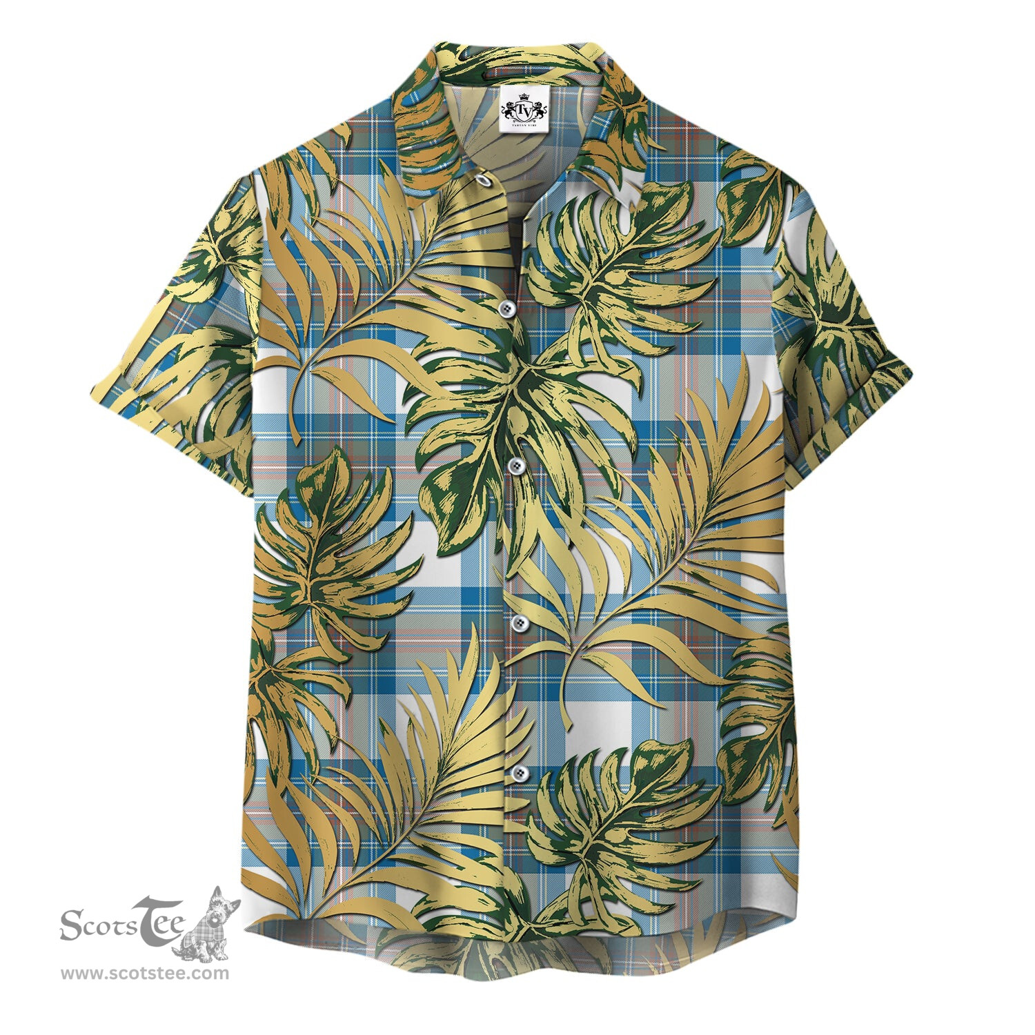 ScotsTee Shop Scottish Stewart Muted Blue Clan Tartan Vintage Leaves Hawaiian Shirt