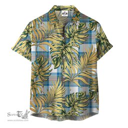 ScotsTee Shop Scottish Stewart Muted Blue Clan Tartan Vintage Leaves Hawaiian Shirt