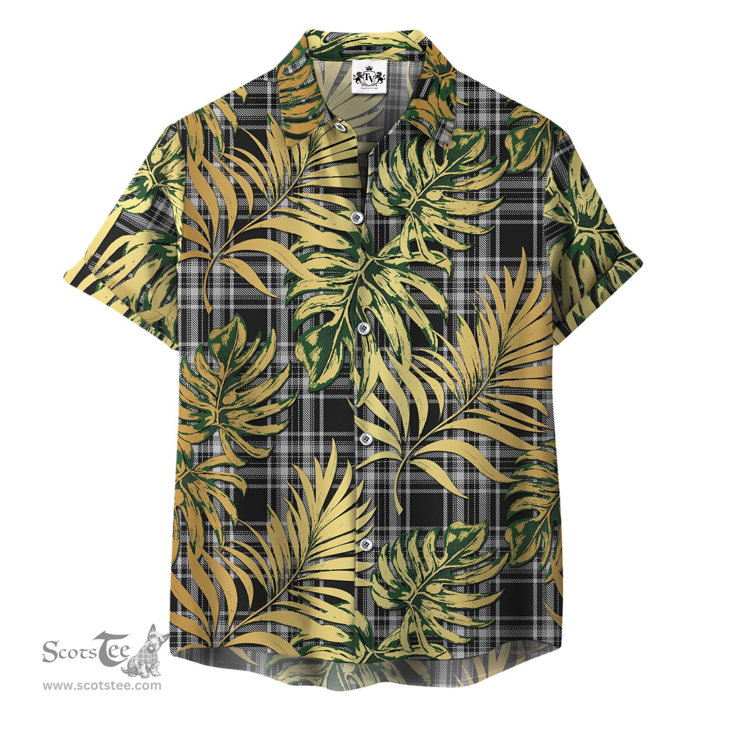 ScotsTee Shop Scottish Stewart Black and White Clan Tartan Vintage Leaves Hawaiian Shirt
