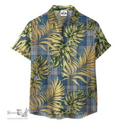 ScotsTee Shop Scottish Menzies Dress Blue and White Clan Tartan Vintage Leaves Hawaiian Shirt