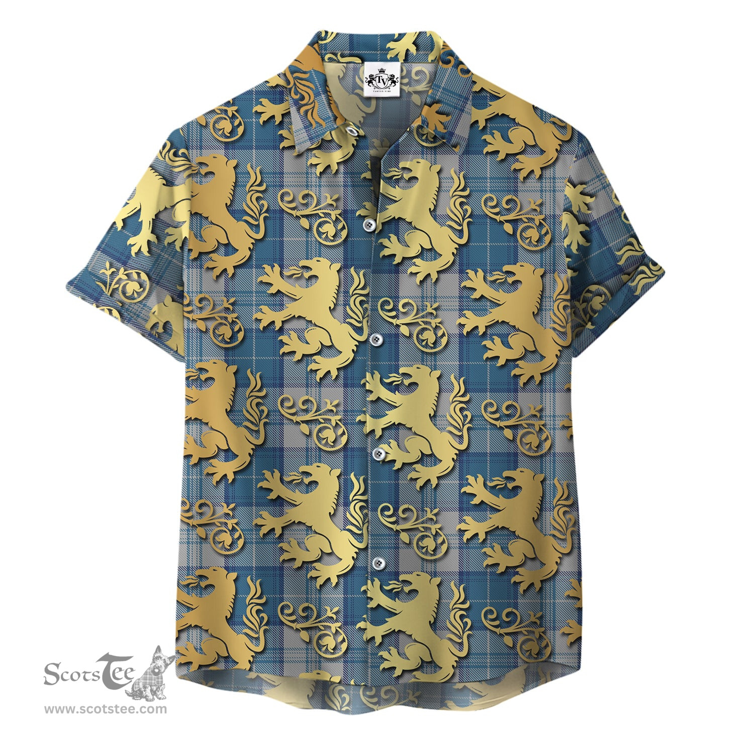 ScotsTee Shop Scottish Menzies Dress Blue and White Clan Tartan Lion Rampant Hawaiian Shirt