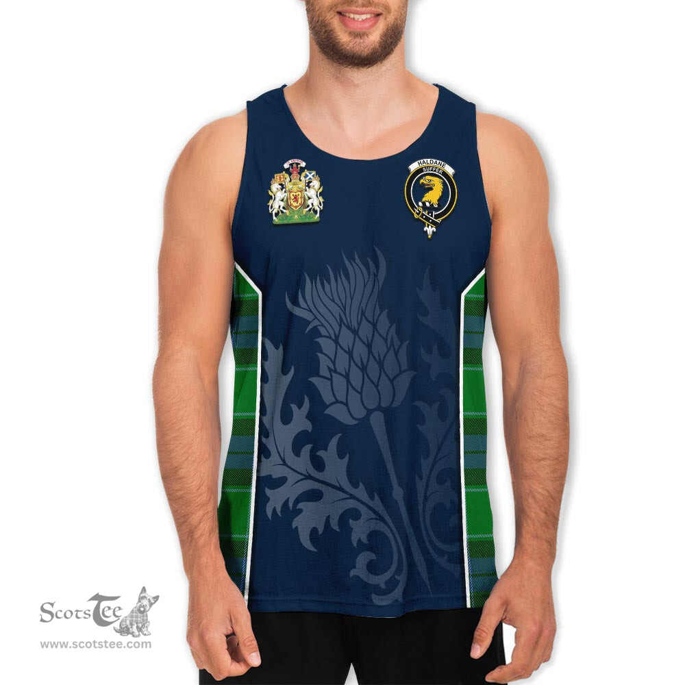 ScotsTee Shop Scottish Haldane Clan Scottish Crest and Scottish Thistle Sport Tartan Mens Tanks Top