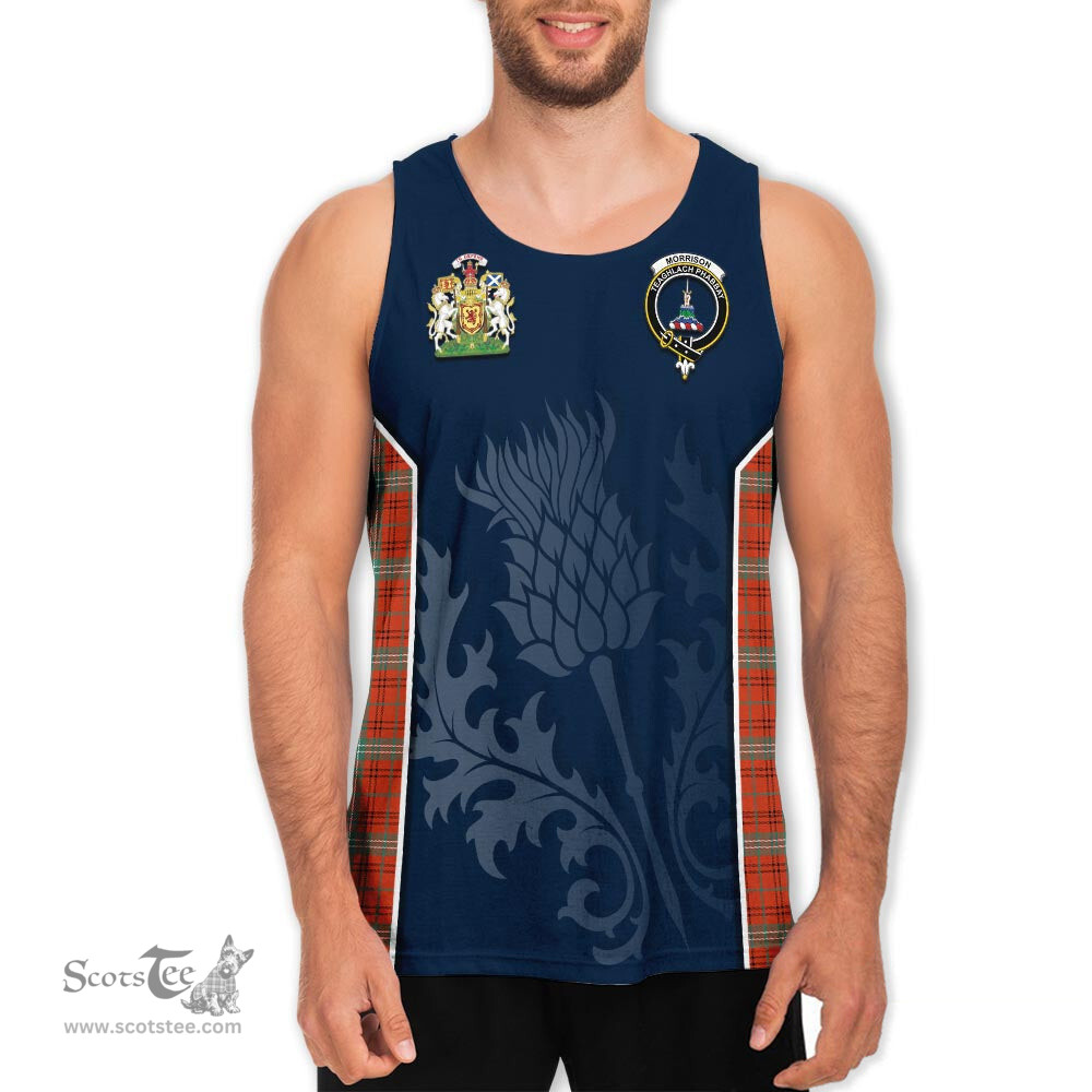 ScotsTee Shop Scottish Morrison Red Ancient Clan Scottish Crest and Scottish Thistle Sport Tartan Mens Tanks Top