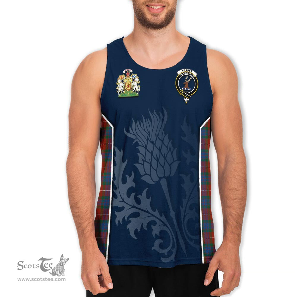 ScotsTee Shop Scottish Fraser Ancient Clan Scottish Crest and Scottish Thistle Sport Tartan Mens Tanks Top