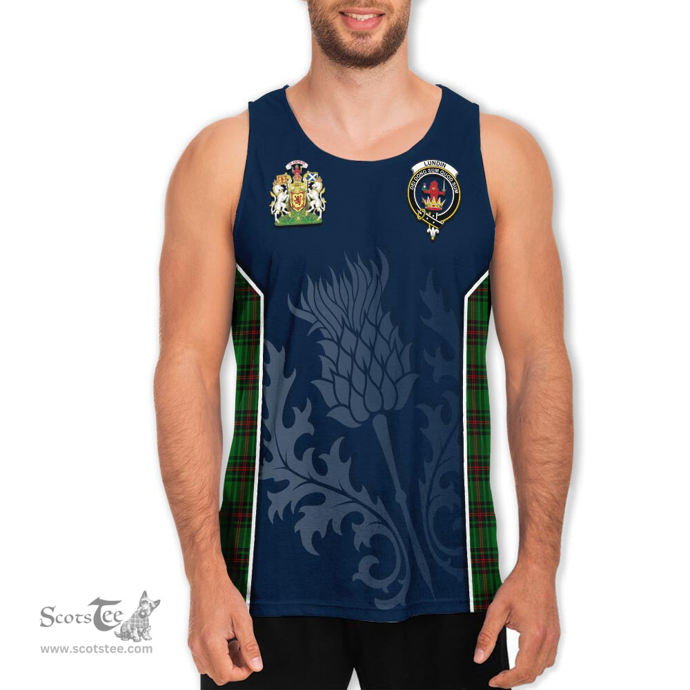 ScotsTee Shop Scottish Lundin Clan Scottish Crest and Scottish Thistle Sport Tartan Mens Tanks Top