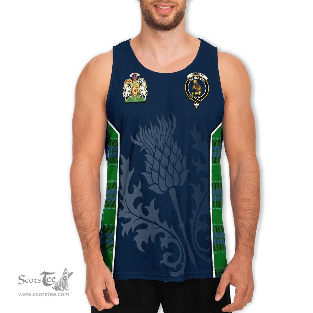 ScotsTee Shop Scottish Monteith Clan Scottish Crest and Scottish Thistle Sport Tartan Mens Tanks Top
