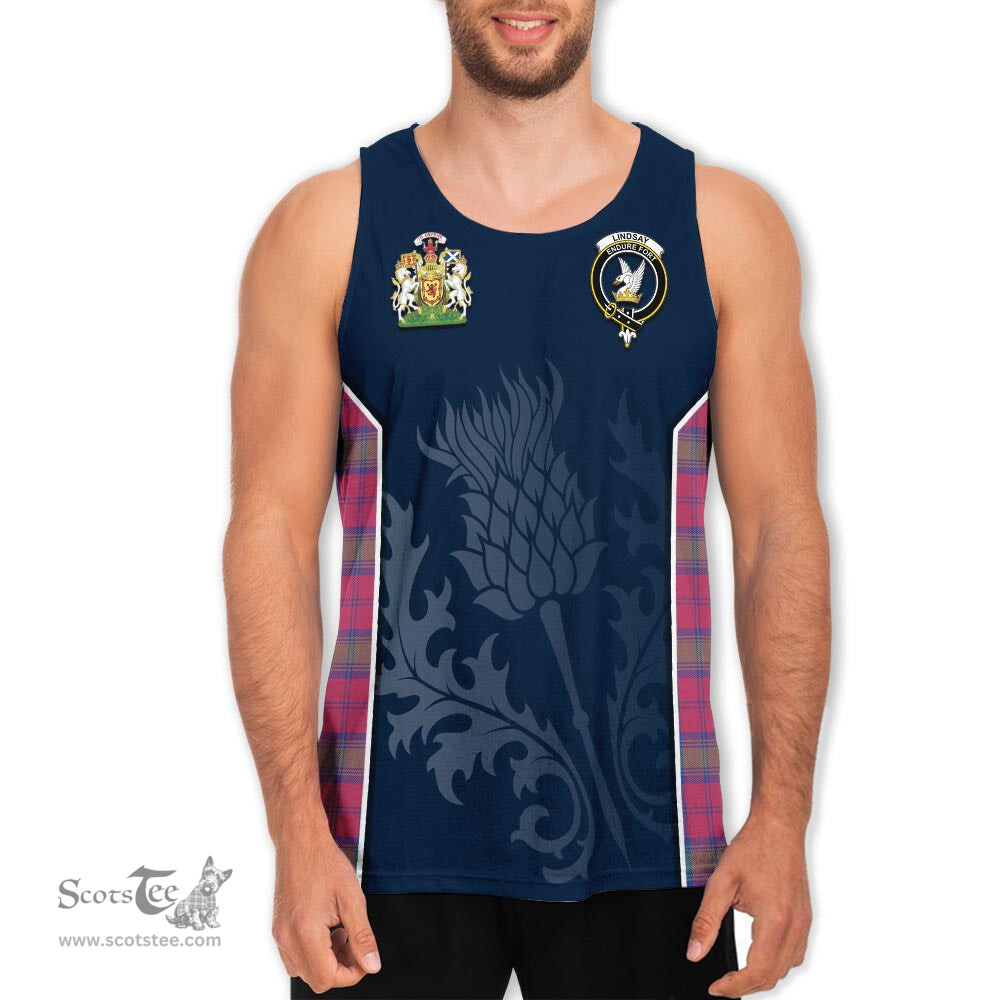 ScotsTee Shop Scottish Lindsay Ancient Clan Scottish Crest and Scottish Thistle Sport Tartan Mens Tanks Top