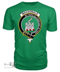 ScotsTee Shop Scottish Macdonalds Of Ranald Clan Badge Clan Tartan Scottish Clans Crest T Shirt