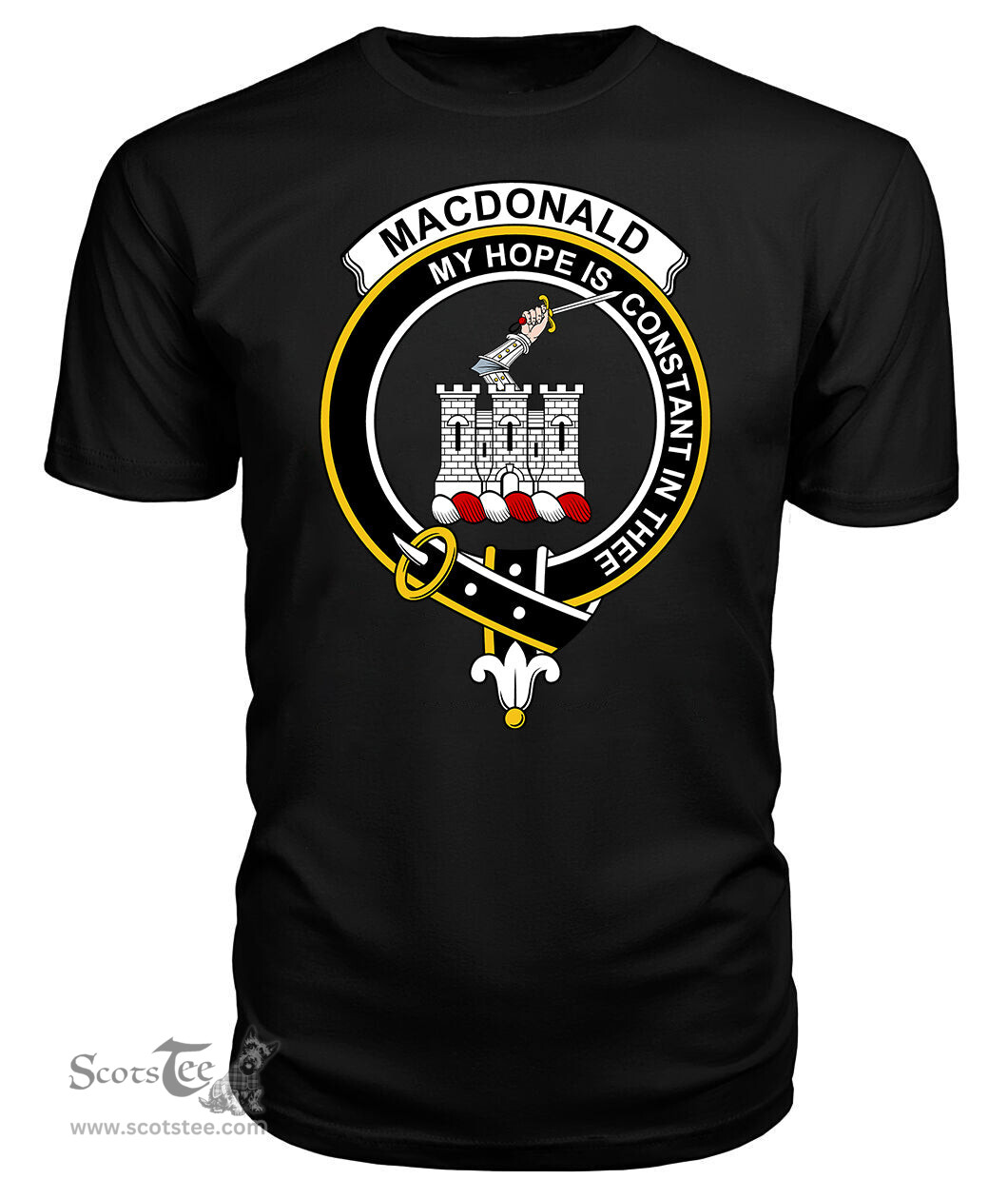 ScotsTee Shop Scottish Macdonalds Of Ranald Clan Badge Clan Tartan Scottish Clans Crest T Shirt
