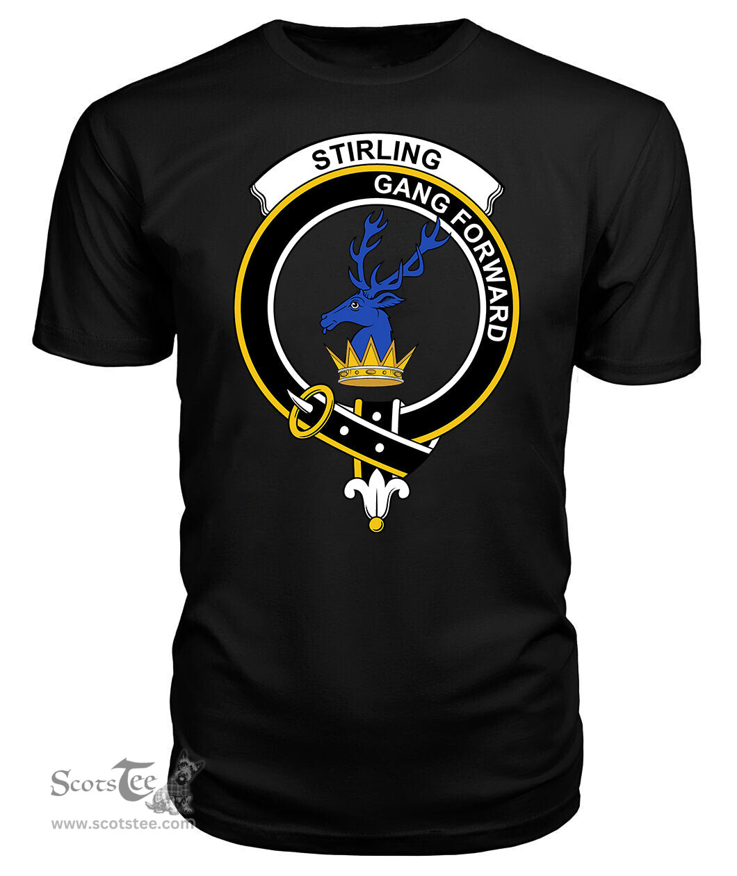 ScotsTee Shop Scottish Stirling of Cadder Present Chief Clan Tartan Scottish Clans Crest T Shirt