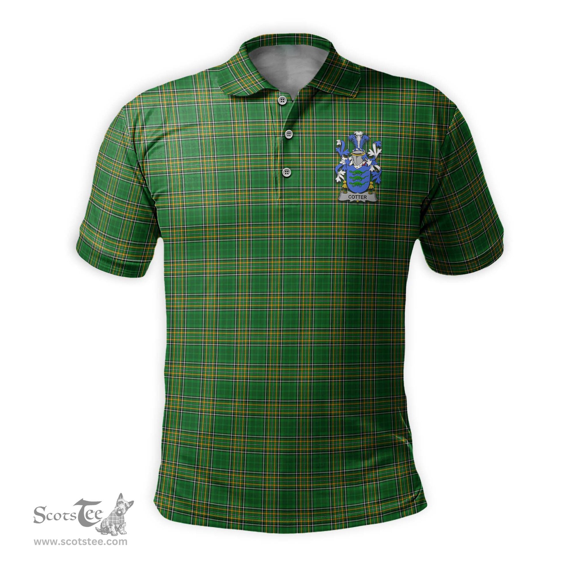 ScotsTee Shop Irish Cotter Coat of Arms Family Crest Ireland Mens Polo Shirt Irish National Tartan Irish County Polo Shirt