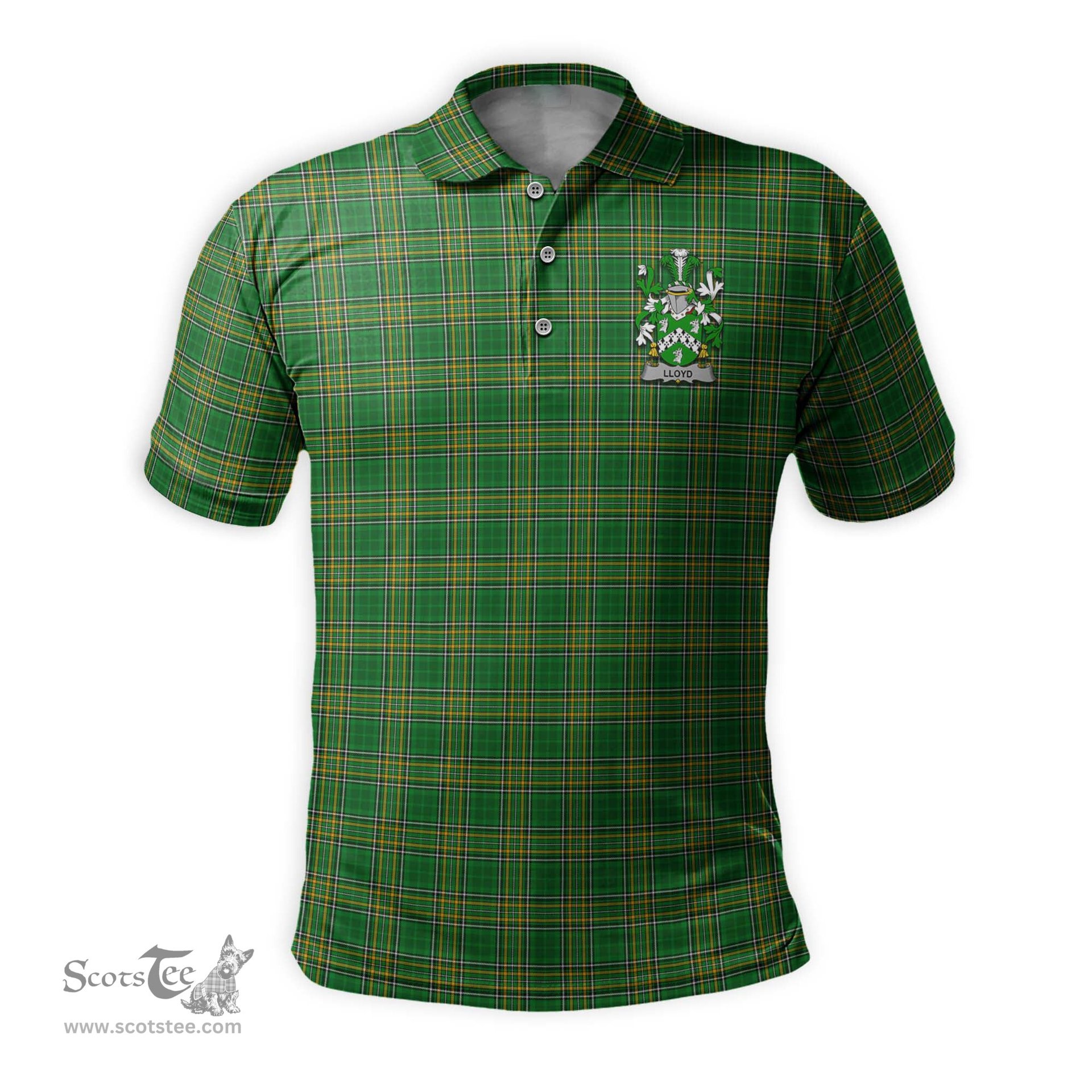 ScotsTee Shop Irish Lloyd Coat of Arms Family Crest Ireland Mens Polo Shirt Irish National Tartan Irish County Polo Shirt